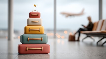 Colorful stacked luggage resembling a Christmas tree in an airport terminal, with a blurred airplane and traveler in the background, creating a festive atmosphere