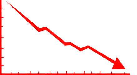 Red arrow pointing downward on a transparent background, indicating a loss isolated on transparent background