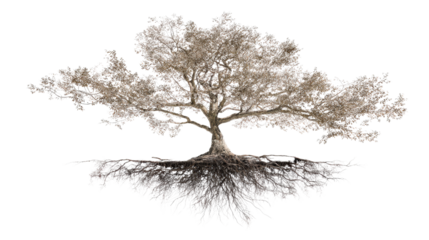 Overhead shot of tree with detailed roots visible background isolated on a Transparent background, PNG file.