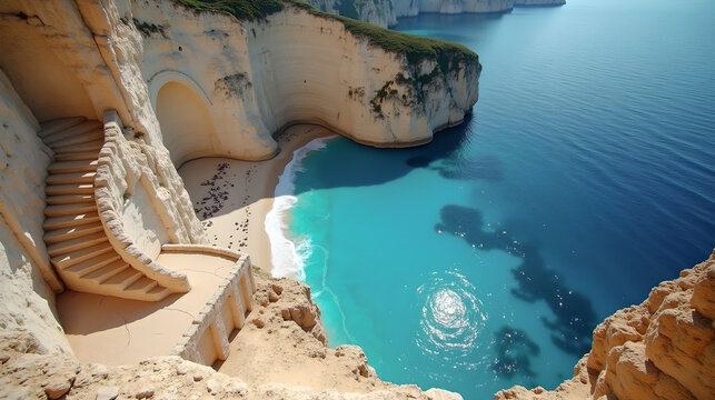 Aerial View of Emerald Coastal Cliff and Clear Sea