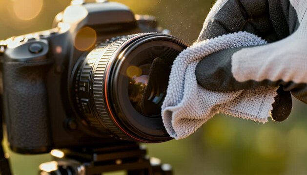 Camera lens cleaning with soft cloth and glove close up