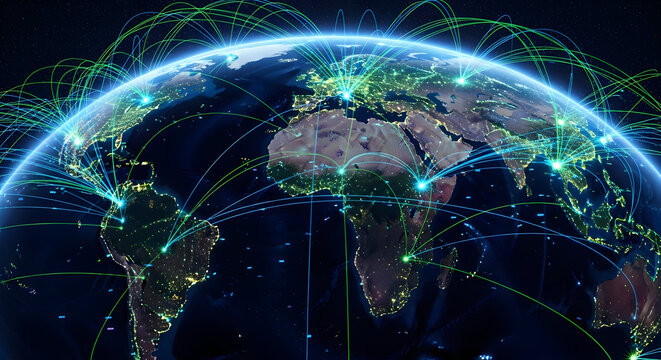 Global network lines radiating from continent showing digital data transfer across international bou 71976307 1