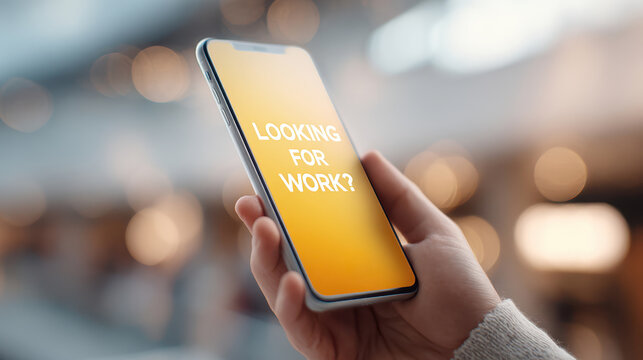 Smartphone mock up displaying a vibrant yellow screen with the text "Looking for Work " held by a hand in a blurred background environment