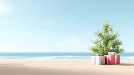 Obraz premium Christmas tree decorated with ornaments and colorful gifts on sandy beach, creating a festive atmosphere for holiday celebrations and New Year joy