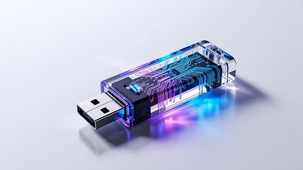 Transparent usb flash drive with glowing circuit design on light background
