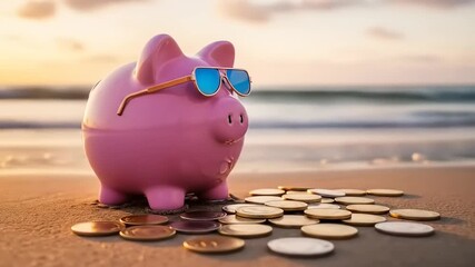 Piggy Bank on Beach Vacation with Sunset Savings, Money, Sun Glasses, and Summer Travel.