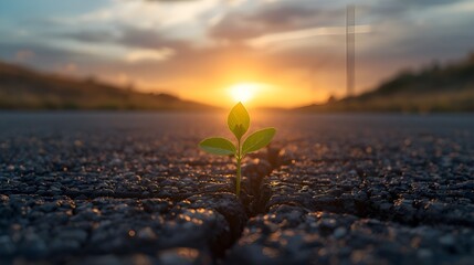 A newly sprouted plant emerges from cracked ground, glowing softly in the warm light of a dramatic sunset.