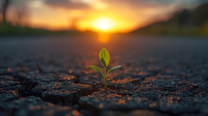 A newly sprouted plant emerges from cracked ground, glowing softly in the warm light of a dramatic sunset.