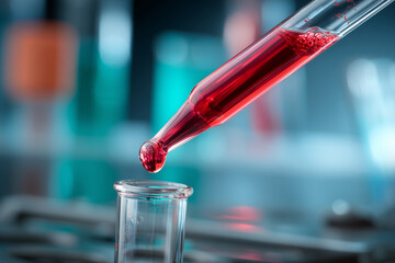Medical Lab Test Tube Filled with Red Substance on Blue Backdrop