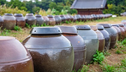 Obraz premium Traditional Korean earthenware jars (onggi) used for fermentation, lined up in a rural setting with a hanok in the background.