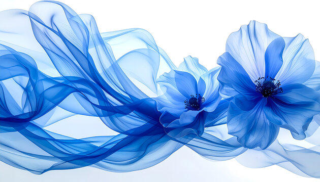 Graceful blue floral shapes flow like ribbons across a pristine white background with soft elegance