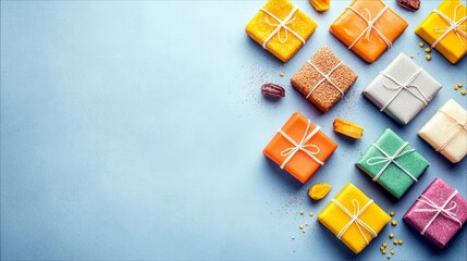 A collection of brightly colored, square-shaped gifts and small candies are scattered across a light blue surface, creating a festive and celebratory arrangemen