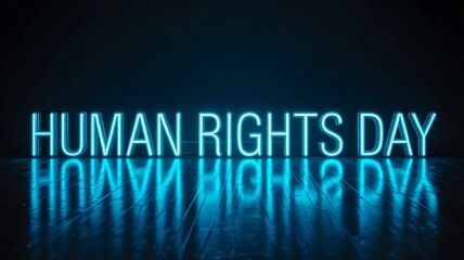 Neon human rights day text glowing on dark reflective surface
