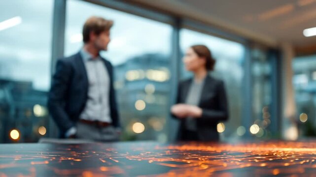 Business communication in modern office with digital technology overlay - Powered by Adobe