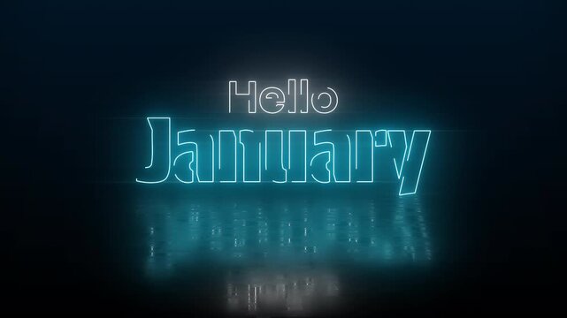 Neon glowing Hello January text in blue tones with reflective floor and dark atmospheric background for seasonal design. 4K video