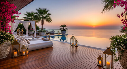 Fototapeta premium Tropical Luxury Deck with Infinity Pool, Beautiful Ocean Horizon at Sunset, Contemporary Lounge Chairs, Lantern Lighting, Premium Resort Vibes Suited for Travel, Architecture, Wellness, and Lifestyle 