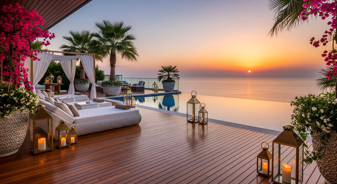 Tropical Luxury Deck with Infinity Pool, Beautiful Ocean Horizon at Sunset, Contemporary Lounge Chairs, Lantern Lighting, Premium Resort Vibes Suited for Travel, Architecture, Wellness, and Lifestyle