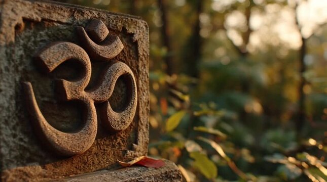 Shiva indian culture Om symbol carved stone in nature sunlight