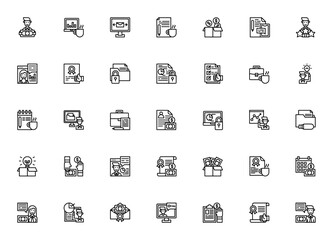 Business icon set. Minimal vector line icons pack. Icludes symbols for laptop,monitor, document, money, ebsite, certificate, folde, briefcase, calendar, chat and more. Editable strok.