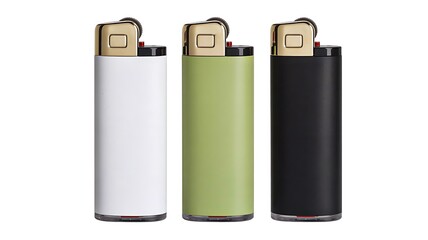 Set of three plastic lighters in various colors isolated on white
