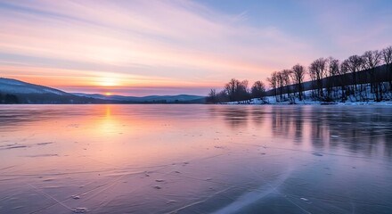 Serene winter landscape with a frozen lake reflecting the sunset glow