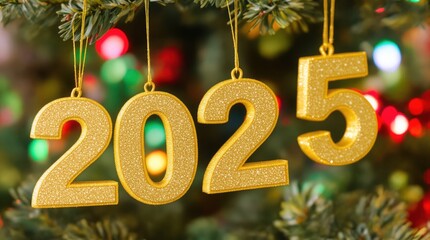 2025 new year gold glitter numbers hanging on a festive christmas tree. Happy Christmas Holydays 2025