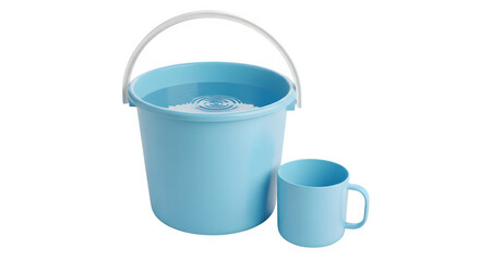 Blue plastic bucket with water and mug isolated on transparent background for cleaning