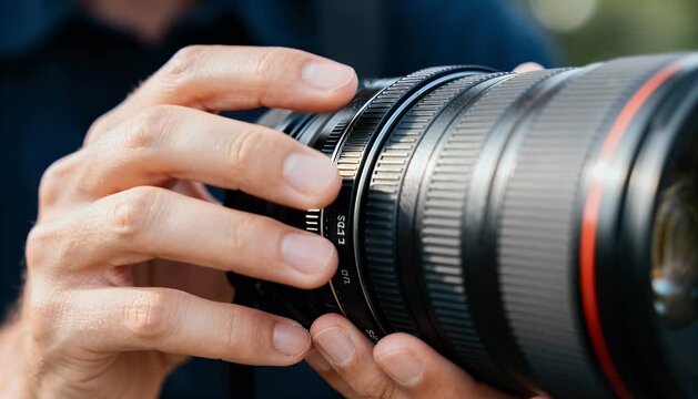 Close up hands adjusting camera lens selective focus photography equipment