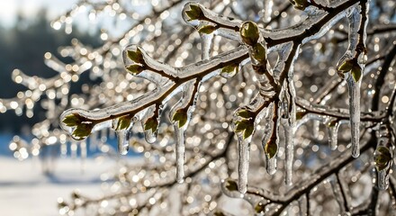 Frozen beauty: Close-up of icy branches in winter sunlight.
