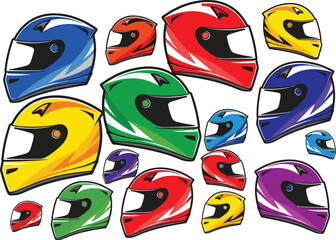 Colorful motorcycle helmets in dynamic angular design with black visors and white highlights on scattered vibrant background