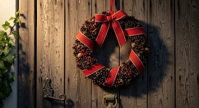 Rustic Christmas wreath adorning a weathered wooden door with charming details. - Powered by Adobe