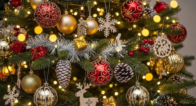 Festive Christmas tree adorned with ornaments and twinkling lights, a cheerful holiday scene.