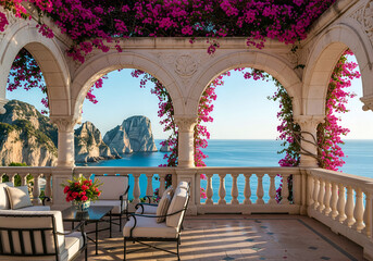 Elegant Seaside Terrace with Colorful Bougainvillea, Intricate Arches, Serene Ocean Horizon, Sunset Dining Area, Timeless Mediterranean Atmosphere Great for Travel, Decor, and High-End Hospitality The