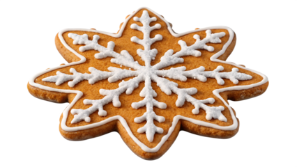 Gingerbread cookie in the shape of a snowflake isolated on transparent background