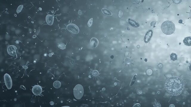Microscopic world animation displaying cells and pathogens in a fluid environment backdrop