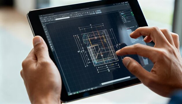 Tablet displaying architectural design plan close up view