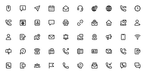 Contact Us icon set. Minimal vector line icons pack.Includes symbols for email phone, chat, location, suport, call center, communiation and more.