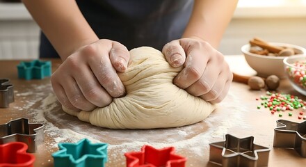 Kneading holiday dough for delicious homemade cookies on a wooden table.