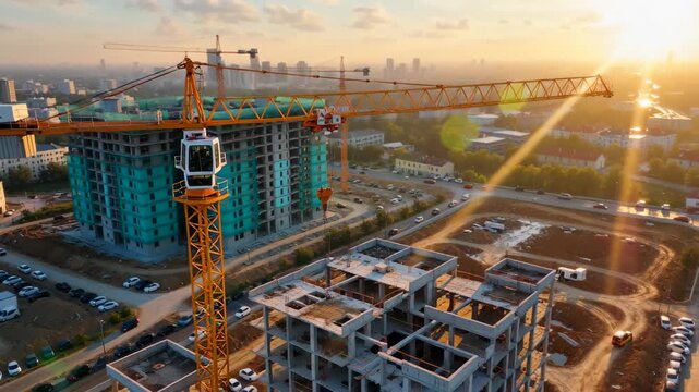 Aerial view of construction site at sunset with cranes and buildings under development