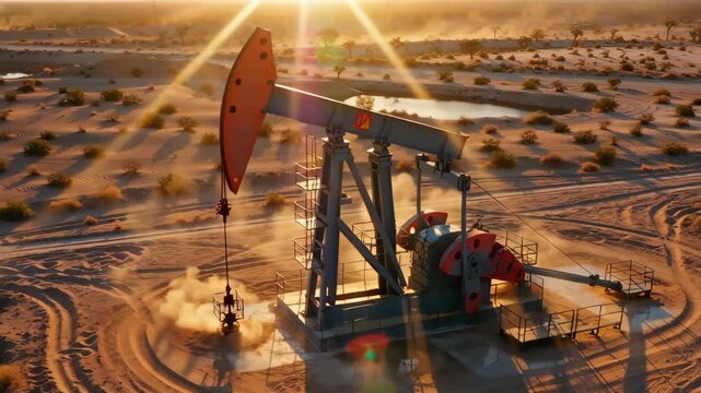 Aerial view of a functioning oil pump jack in a desert landscape during sunset, casting rays of light