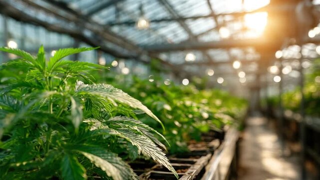 Lush green plants fill a greenhouse, sunlit, with a focus on detailed leafy foreground