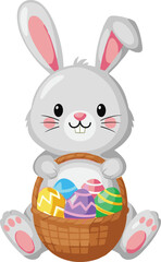 Cute Easter Bunny cartoon, holding basket of colorful eggs, spring holiday mascot, festive celebration icon, joyful character design, pastel theme
