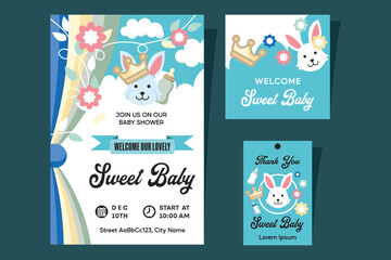 Baby shower invitation designs, social media posts and hanging tags for cute souvenirs with bunny and flower elements