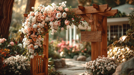 Empty welcome board with flowers in romantic garden.