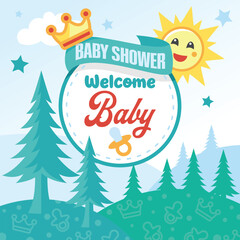 Fresh and cheerful baby shower post or invitation with forest, sun, and sky theme. Perfect for social media and baby celebration design