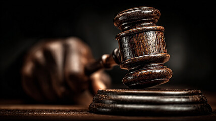 Close-up Judge Hand Striking Gavel in Courtroom.