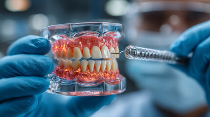 Dentist holding dental model with tool for oral care.