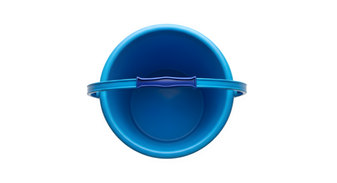 Overhead shot of a blue plastic bucket with handle isolated on transparent background