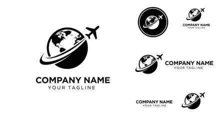 Global Travel Agency Logo with Airplane Circling Earth Design.
