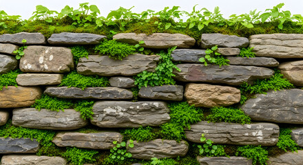 Bright green plants growing on rustic rock wall creating natural contrast for organic design backgro 99061508 1